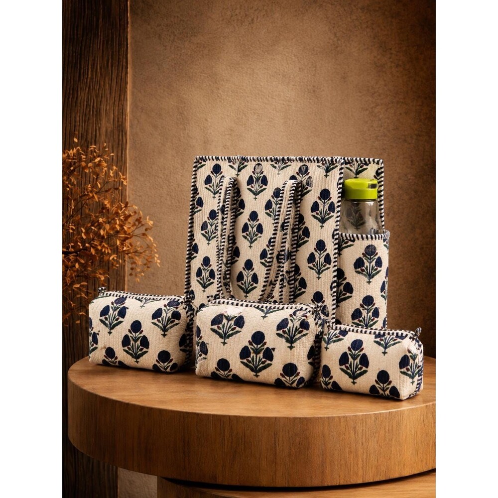 Quilted Tote Bag | Block Print Cotton Handmade Set | Navy Floral Boho Pouch